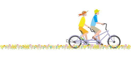 花畑でタンデム自転車に乗るシニアのカップル