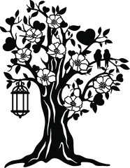 Laser cut template. Tree of love with heart, a couple bird and birdcage. Sign of family tree. Wedding decor. Black and white vector illustration. Silhouette art design. Wood, paper, metal cutting.