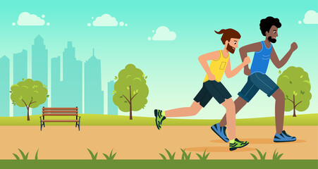 Active people characters running distance in park. Healthy lifestyle concept, summer outdoor. Man Athlete, sprint race or jogging. Vector illustration in modern flat style.