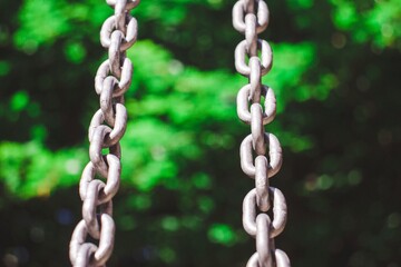 Metallic chains in clear silver color and blurred background of trees