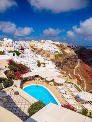 Amazing Santorini island view. Beautiful white cave houses. Santorini, Cyclades, Greece
