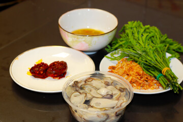 Fresh oysters closely on the table, served with oysters and side dishes Seafood for health Fresh...