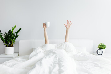 good morning concept - female hands with coffee cup sticking out from the blanket at home or hotel