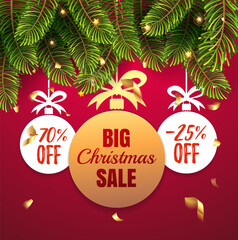 Big Christmas sale. White christmas balls with a paper round corner, gold bow and christmas fir tree. Winter offer tag. New year holiday Web-banner poster for e-commerce, on-line shop, store. Vector