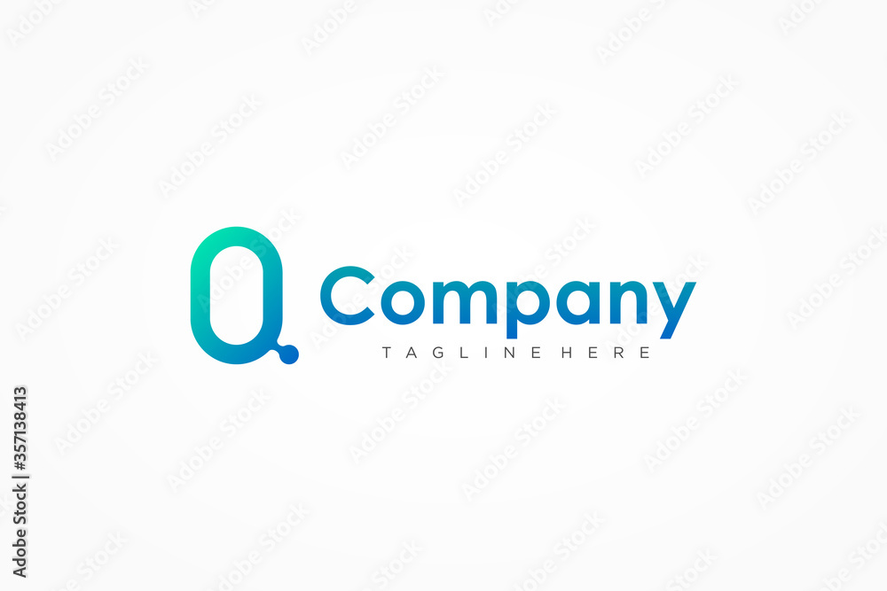 Poster initial letter q logo. blue green ellipse style linked with dot liquid isolated on white background.
