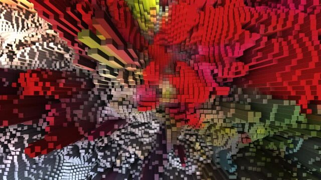 Flying over an abstract landscape of colorful animating 3D cubes, ideal as a background for an intro or presentation