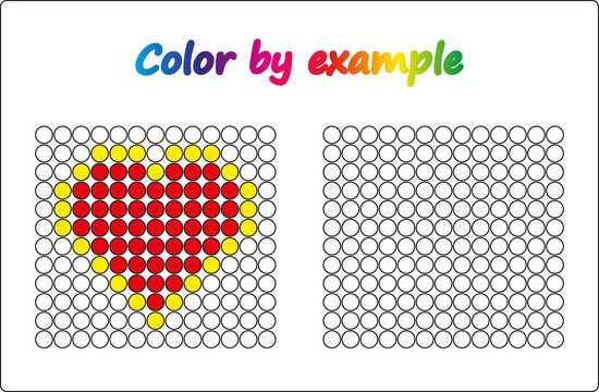 Worksheet.  apple - puzzle task, game for preschool  kids. Color by example. Coloring book. Vector illustration. Paint the circles.
