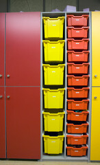 School Furniture Industry. Lockers with plastic boxes. Cubbard.