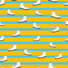 Seamless pattern with white womens shoes on blue and yellow striped background. Sneakers in flat style. Leather boots side view. Flat design.