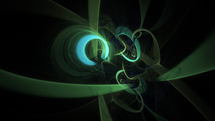 Abstract colorful blue and green glowing shapes. Fantasy light background. Digital fractal art. 3d rendering.