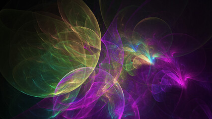 Abstract colorful purple and green glowing shapes. Fantasy light background. Digital fractal art. 3d rendering.