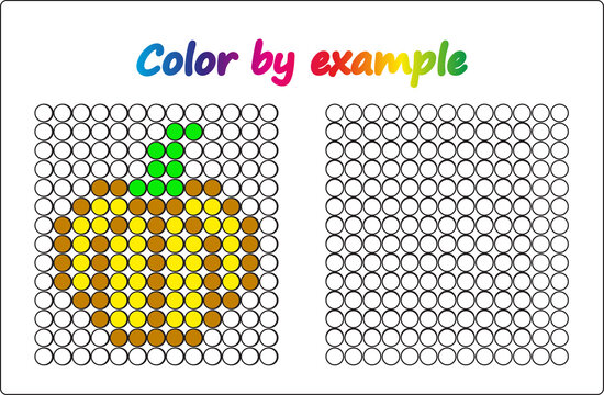 Worksheet.  apple - puzzle task, game for preschool  kids. Color by example. Coloring book. Vector illustration. Paint the circles.