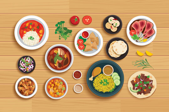 halal food set on top view wooden table background.