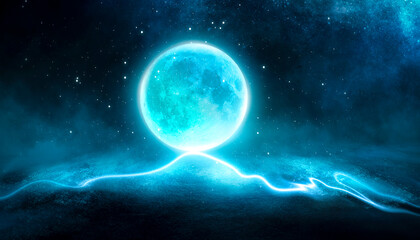 Empty futuristic dramatic scene. Abstract dark landscape, street. Neon light fluid element. Night view, neon blue light. Fantasy background. 3D illustration