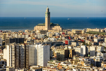 Casablanca cityscape with The Hassan II Mosque. It is the largest mosque in Africa, and the 3rd largest in the world.