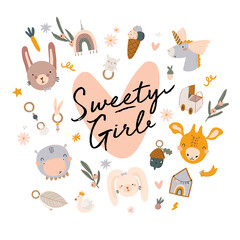 Cute baby shower in scandinavian style including trendy quotes and cool animal decorative hand drawn elements. Cartoon doodle kids  illustration for nursery room decor, children design. Vector.