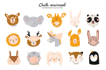 Cute baby shower in scandinavian style including trendy quotes and cool animal decorative hand drawn elements. Cartoon doodle kids  illustration for nursery room decor, children design. Vector. © Ruslana