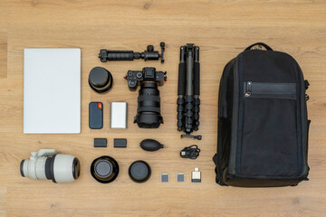 Top down view of photography gear