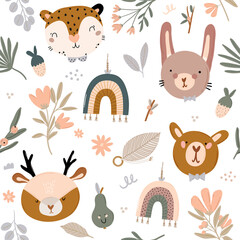 Cute kids scandinavian seamless pattern with funny animals, kids mobile toys, beanbag, leaves, flowers. Cartoon doodle  illustration for baby shower, nursery room decor, children design. Vector.