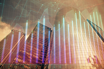 Forex chart on cityscape with skyscrapers wallpaper multi exposure. Financial research concept.