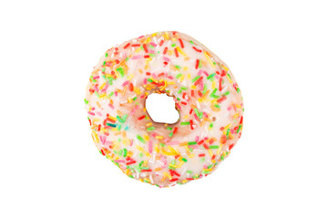 Sweet pink donut isolated on white background. Fresh donut covered in sprinkles isolated over white background. Donut with colorful sprinkles isolated