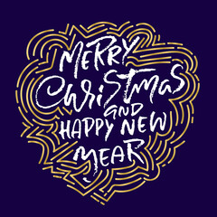 Hand drawn phrase Merry Christmas and Happy New Year. Modern dry brush lettering design. Vector typography vector illustration with golden ornament.