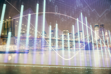 Financial chart on city scape with tall buildings background multi exposure. Analysis concept.