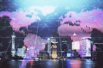 Fototapeta premium Double exposure of business theme hologram drawing and city veiw background. Concept of success.