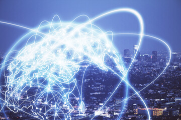 Double exposure of business theme hologram drawing and city veiw background. Concept of success.