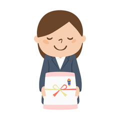 気持ちを伝えるため贈り物を持ってきたスーツ姿の若い女性のイラスト。