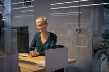 Obraz na płótnie Canvas Happy stylish woman working late on computer