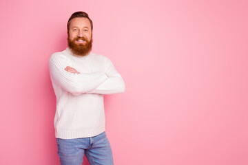 Portrait of his he nice attractive glad successful cheerful cheery content red bearded guy folded arms wearing white warm sweater isolated over pink pastel color background