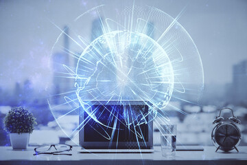 Double exposure of business theme icons and work space with computer background. Concept of success.