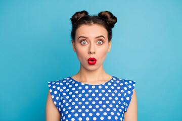 Closeup photo of attractive pretty lady red lipstick open mouth stupor speechless awful uncomfortable situation wear dotted white blouse shirt isolated blue color background