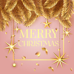 Luxury elegant Merry Christmas holiday background greeting card. Golden decoration ornament with Christmas stars on soft pink background with snow pattern. Calligraphy lettering Christmas. Vector.