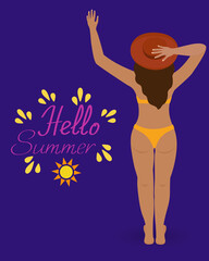 Greeting card Hello Summer. Bright vector illustration of a woman in a swimsuit and a beach hat
