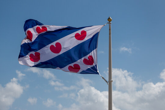 A Dutch flag that represents the province of Friesland, the red hearts symbolize lily leaves that are common in this province