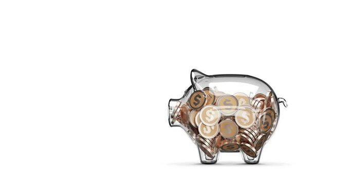 Glass piggy bank stuffed with growing coins. Stop motion animation. 3d rendering