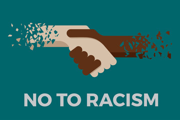No to racism. Stop to racism and discrimination. Handshake of different races. Vector Illustration