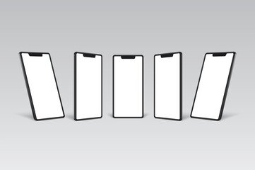 smartphone mockup black frame with white blank display different angles views.