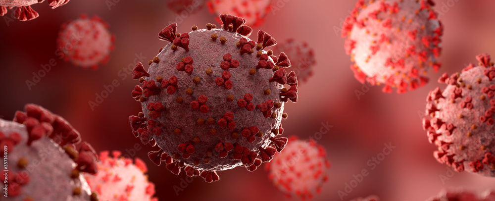Poster microscopic close-up of the covid-19 disease. coronavirus illness spreading in body cell. 2019-ncov 