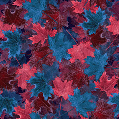 Maple blue and pink leaves, hand painted watercolor illustration seamless pattern design