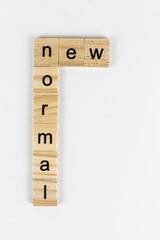 Wooden blocks with letters forming words new normal on a neutral background