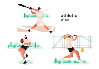 A set of athletes from different sports. A tennis player hits the ball with a racket. Attacking a Rugby player. A baseball player with a bat prepares to strike