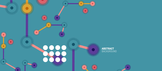 Flat style geometric abstract background, round dots or circle connections on color background. Technology network concept.