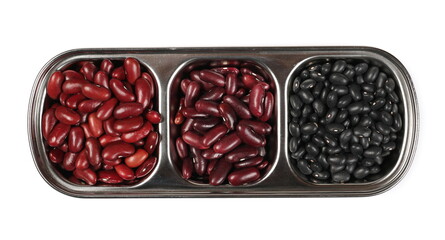 Three different bean piles, types in aluminum tray, bowl isolated on white background, top view