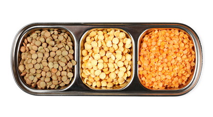 Lentil, legume and yellow split pea piles in aluminum canteen food sorting tray, bowl isolated on white background, top view