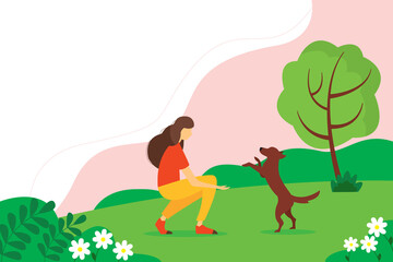 Woman playing with a dog in the Park. Concept illustration of outdoor recreation. Summer vector illustration in flat style.