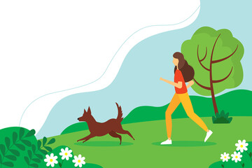 Obraz na płótnie Canvas Woman running with the dog in the Park. The concept of an active lifestyle. Cute summer illustration in flat style.