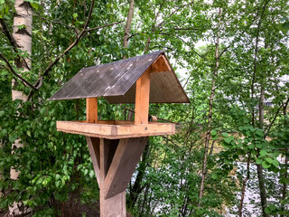 Bird feeder. House on stick for birds, fun apartment. Simple design for feeding birds on riverbank. Shelter for breeding birds. Garden Bird Feeder. Space for text or logo